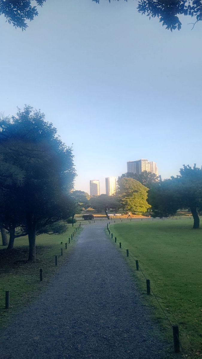 芝生のあいだを通る砂利の園路。縁に木の杭が並び、両側に大きな木が立つ。奥に高層ビル