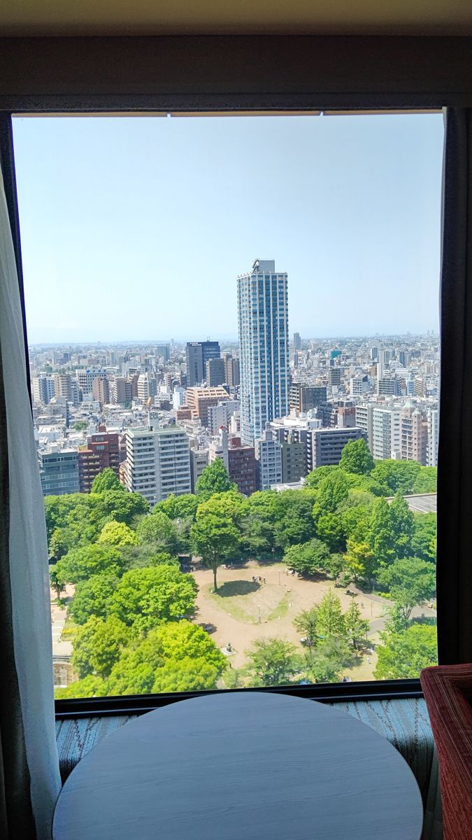 高層階の窓から見下ろした新宿中央公園。若葉の木々が広場を囲み、奥に高層マンションと街並みが広がる